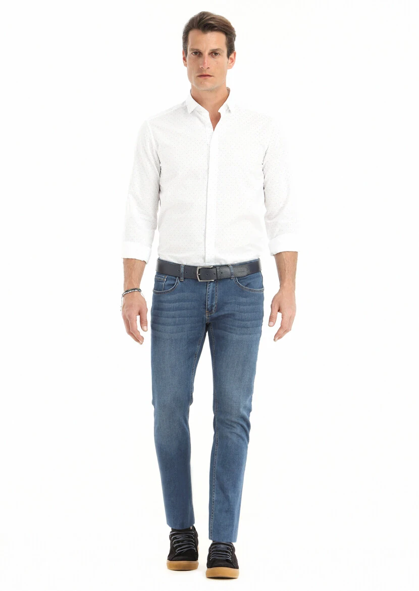 Lacivert Düz Slim Fit Denim Pamuk Karışımlı Pantolon - 1