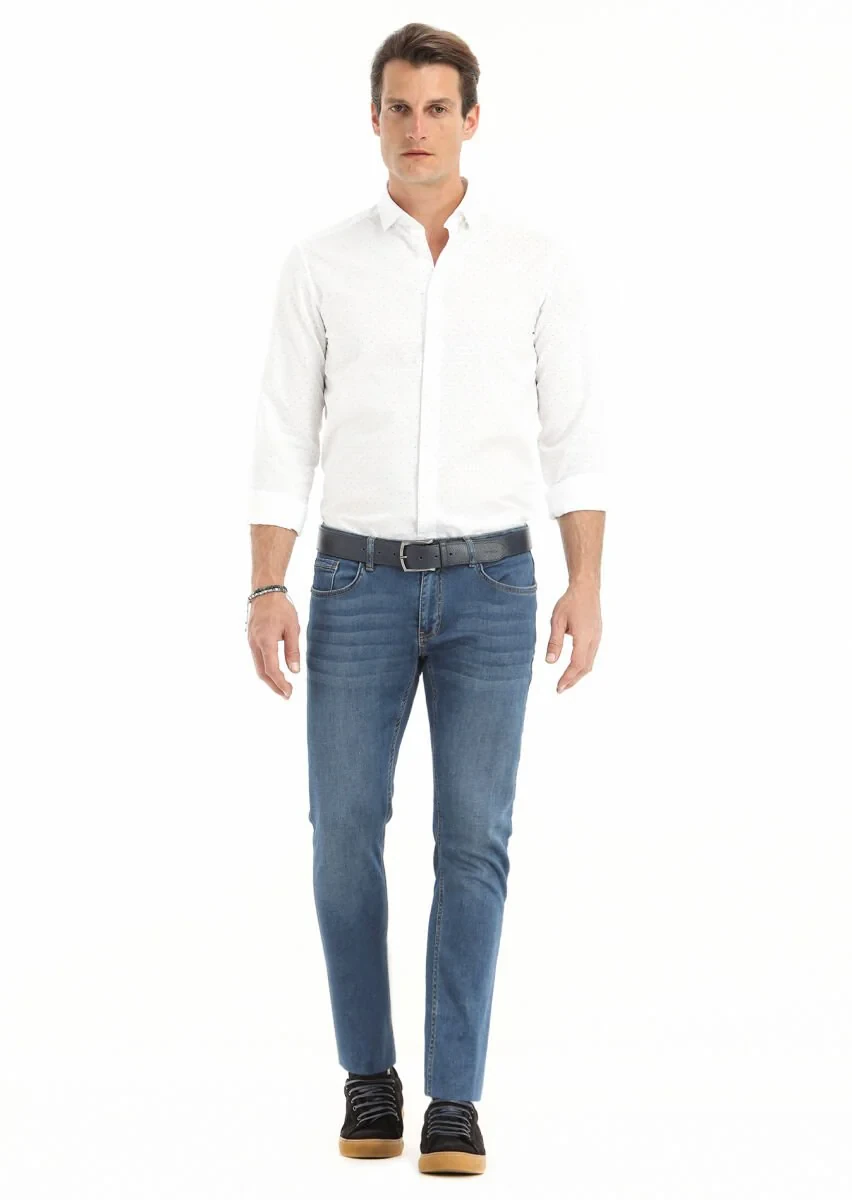 Lacivert Düz Slim Fit Denim Pamuk Karışımlı Pantolon - 1