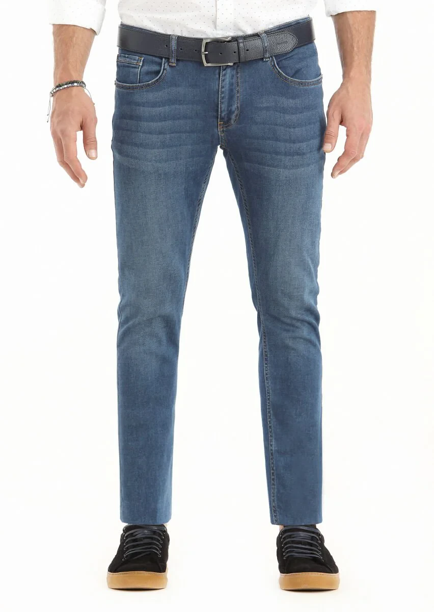 Lacivert Düz Slim Fit Denim Pamuk Karışımlı Pantolon - 2