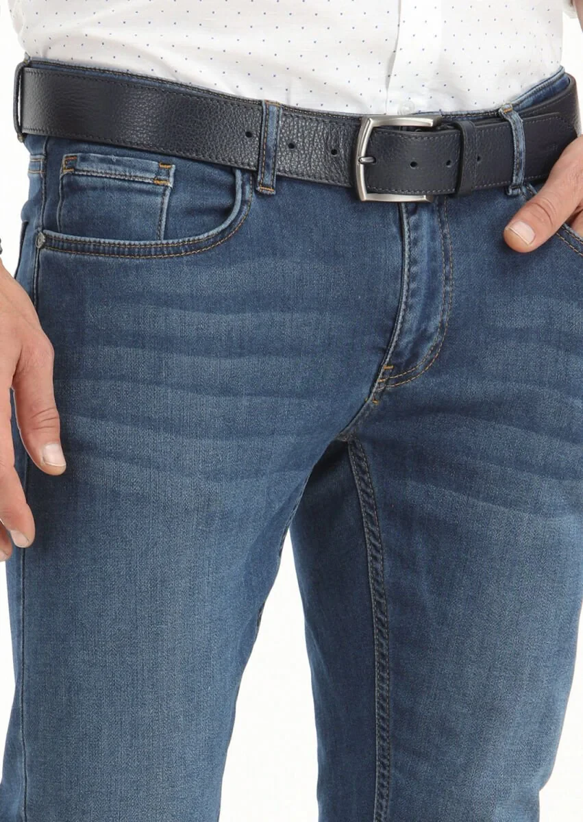 Lacivert Düz Slim Fit Denim Pamuk Karışımlı Pantolon - 3