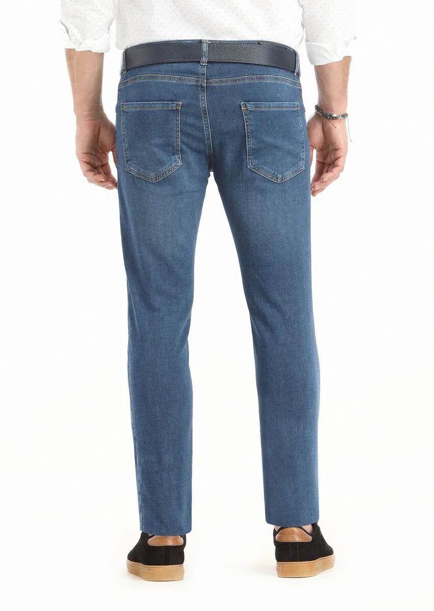 Lacivert Düz Slim Fit Denim Pamuk Karışımlı Pantolon - 4