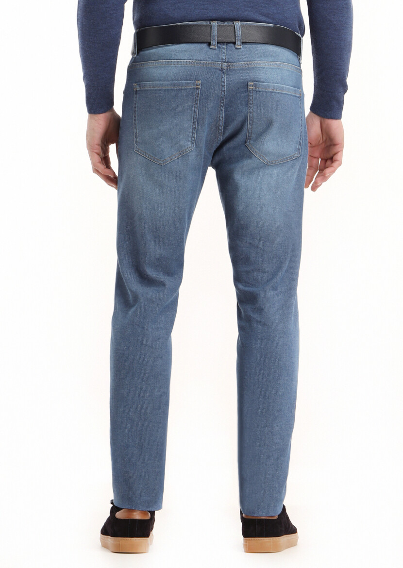 Lacivert Düz Slim Fit Denim Pamuk Karışımlı Pantolon - 3