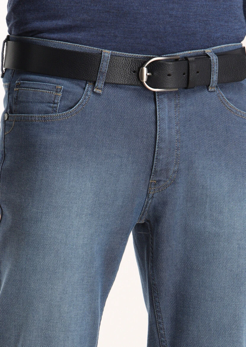 Lacivert Düz Slim Fit Denim Pamuk Karışımlı Pantolon - 3