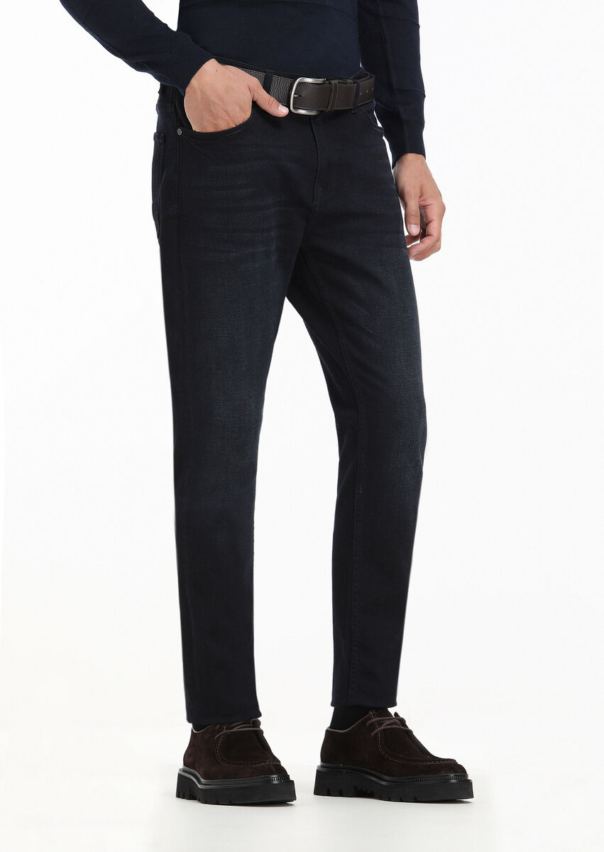 Lacivert Düz Slim Fit Denim Pamuk Karışımlı Pantolon - 3