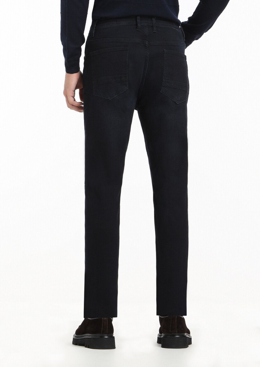 Lacivert Düz Slim Fit Denim Pamuk Karışımlı Pantolon - 5
