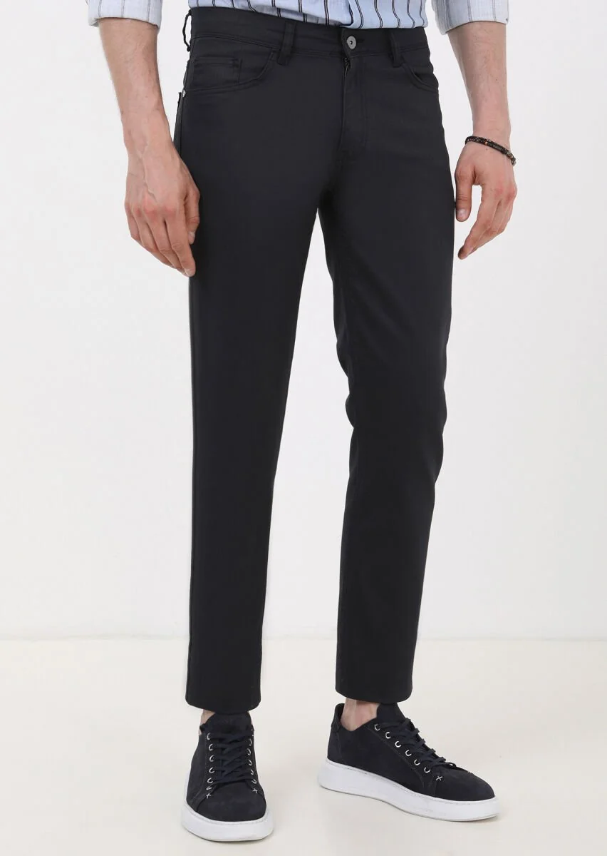 Lacivert Düz Slim Fit Denim Pamuk Karışımlı Pantolon - 2
