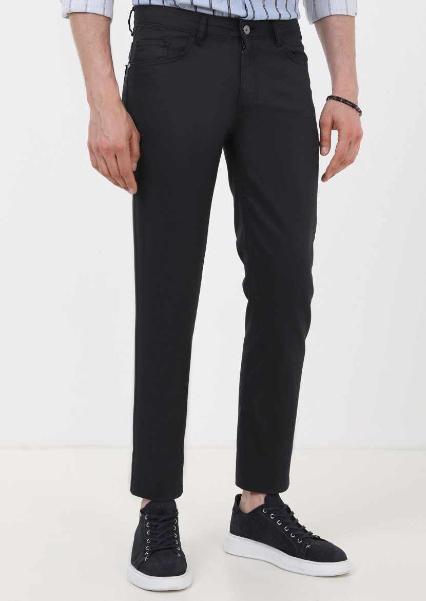 Lacivert Düz Slim Fit Denim Pamuk Karışımlı Pantolon - 2
