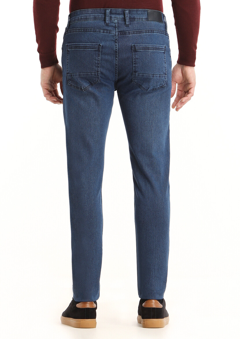 Lacivert Düz Slim Fit Denim Pamuk Karışımlı Pantolon - 4