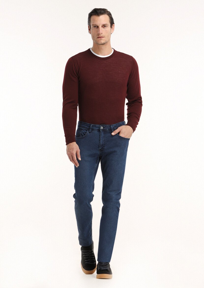 Lacivert Düz Slim Fit Denim Pamuk Karışımlı Pantolon 