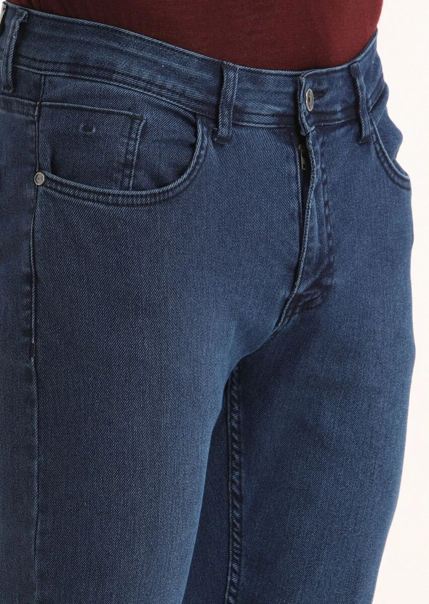 Lacivert Düz Slim Fit Denim Pamuk Karışımlı Pantolon - 3