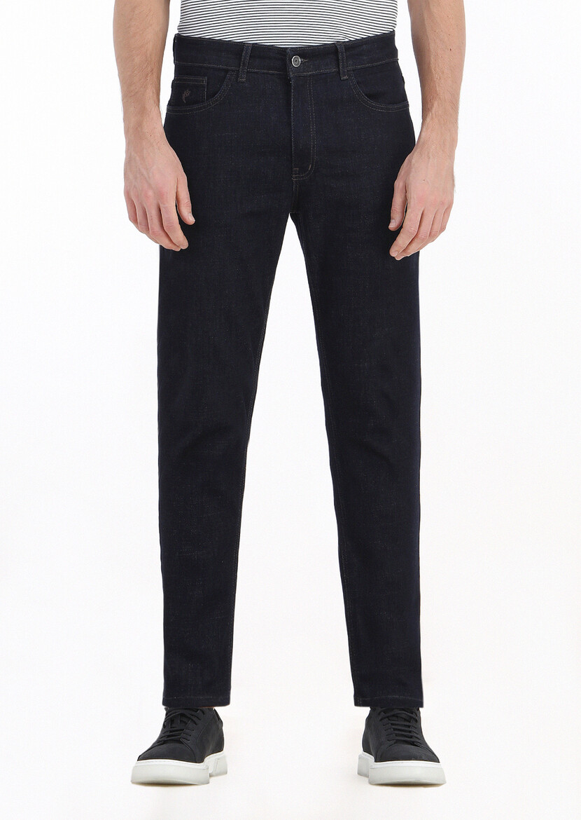 Lacivert Düz Slim Fit Denim Pamuk Karışımlı Pantolon - 3