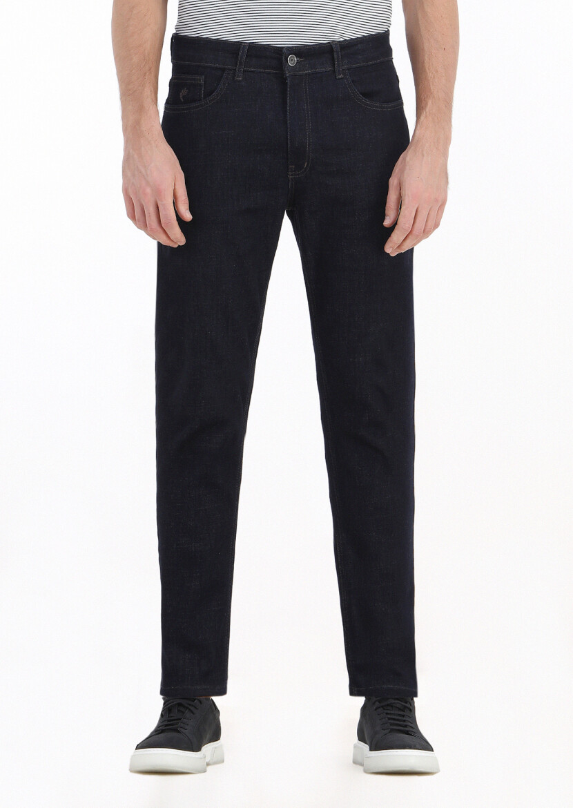 Lacivert Düz Slim Fit Denim Pamuk Karışımlı Pantolon - 3