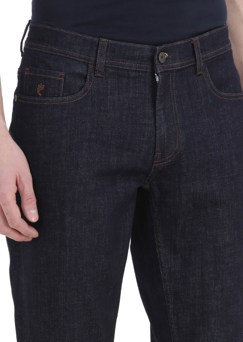 Lacivert Düz Slim Fit Denim Pamuk Karışımlı Pantolon - 3