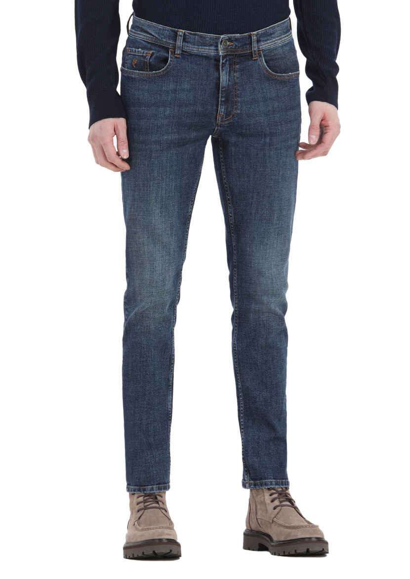 Lacivert Düz Slim Fit Denim Pamuk Karışımlı Pantolon - 2