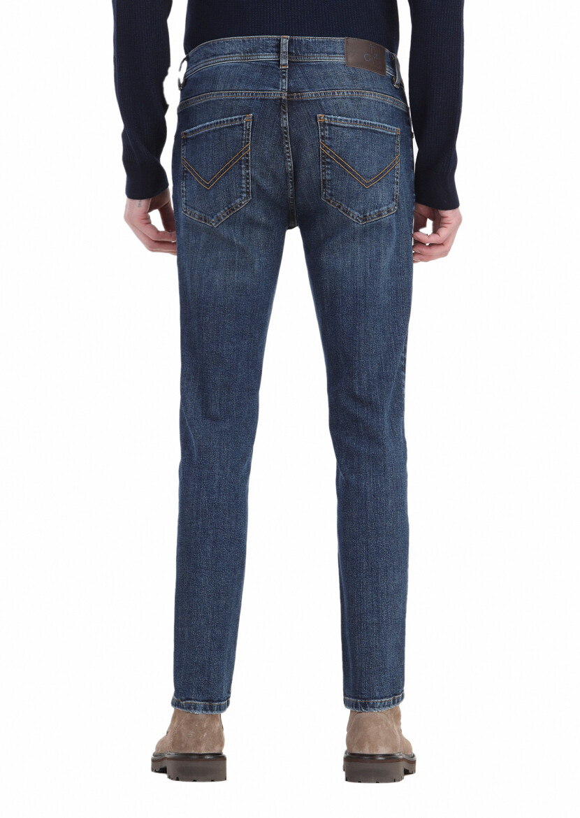 Lacivert Düz Slim Fit Denim Pamuk Karışımlı Pantolon - 4