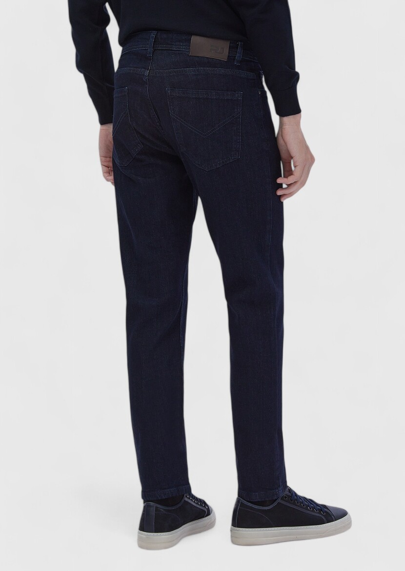 Lacivert Düz Slim Fit Denim Pamuk Karışımlı Pantolon - 4