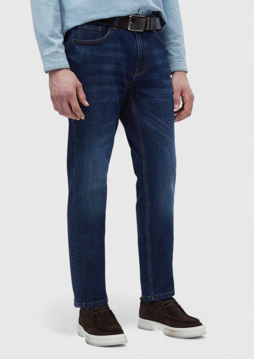 Lacivert Düz Slim Fit Denim Pamuk Karışımlı Pantolon - 3