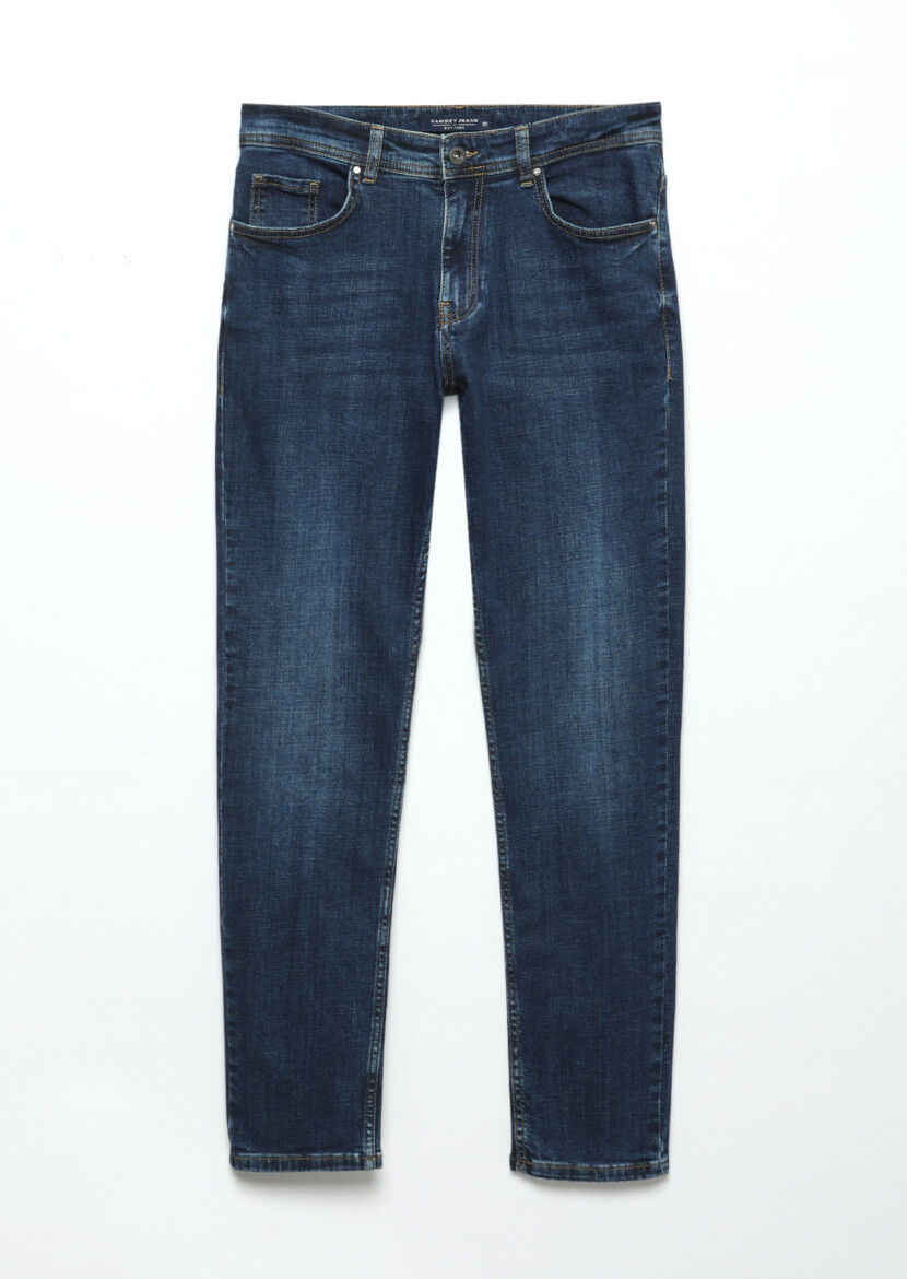 Lacivert Düz Slim Fit Denim Pamuk Karışımlı Pantolon - 6