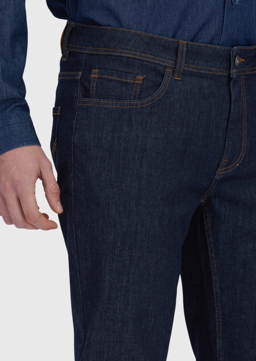 Lacivert Düz Slim Fit Denim Pamuk Karışımlı Pantolon - 3