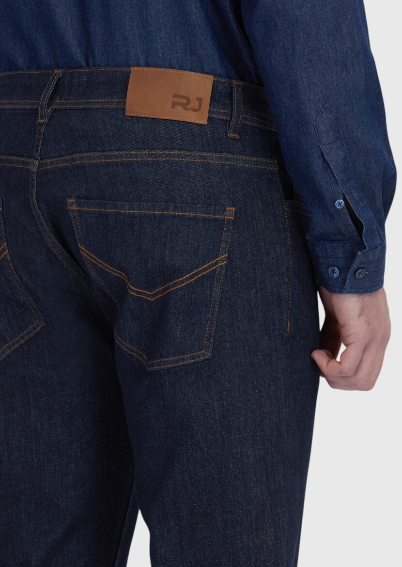 Lacivert Düz Slim Fit Denim Pamuk Karışımlı Pantolon - 4