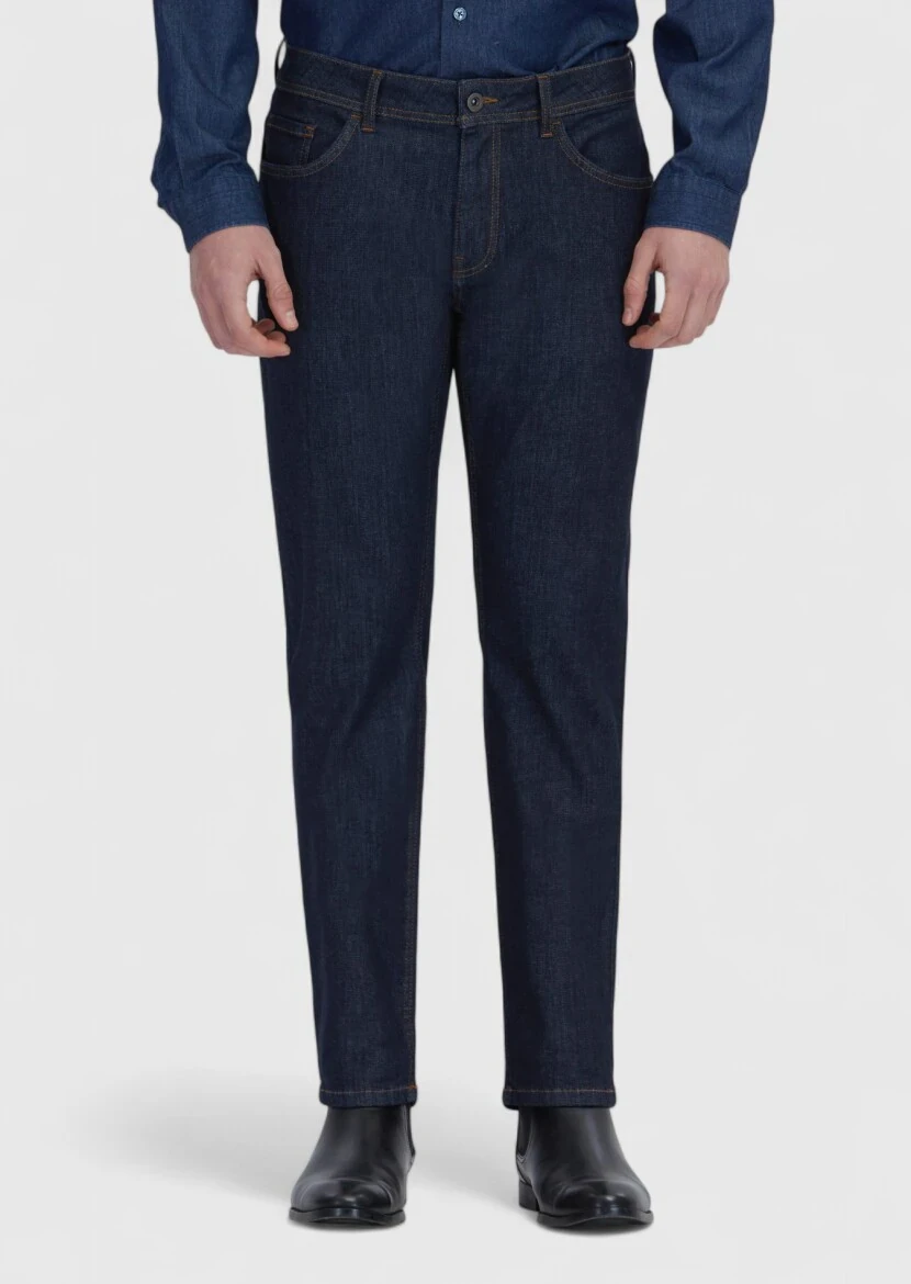 Lacivert Düz Slim Fit Denim Pamuk Karışımlı Pantolon - 2