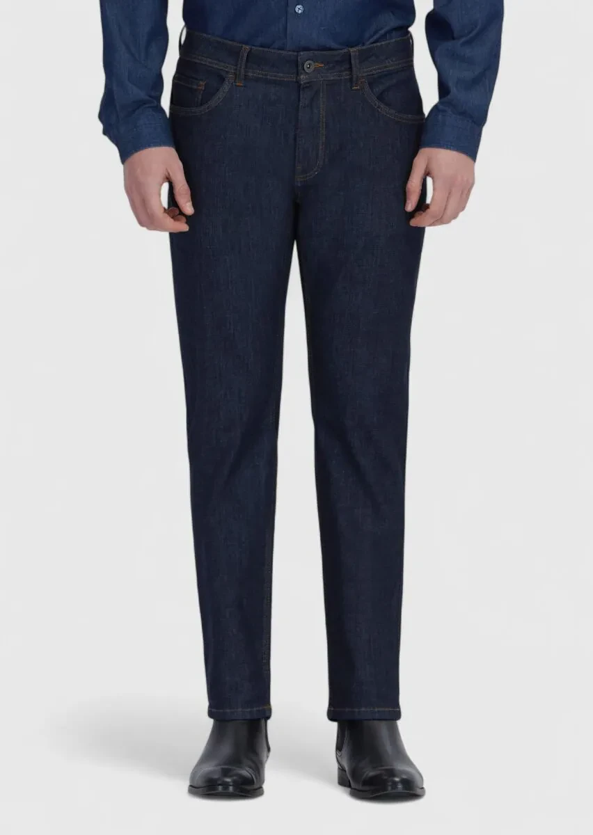 Lacivert Düz Slim Fit Denim Pamuk Karışımlı Pantolon - 2