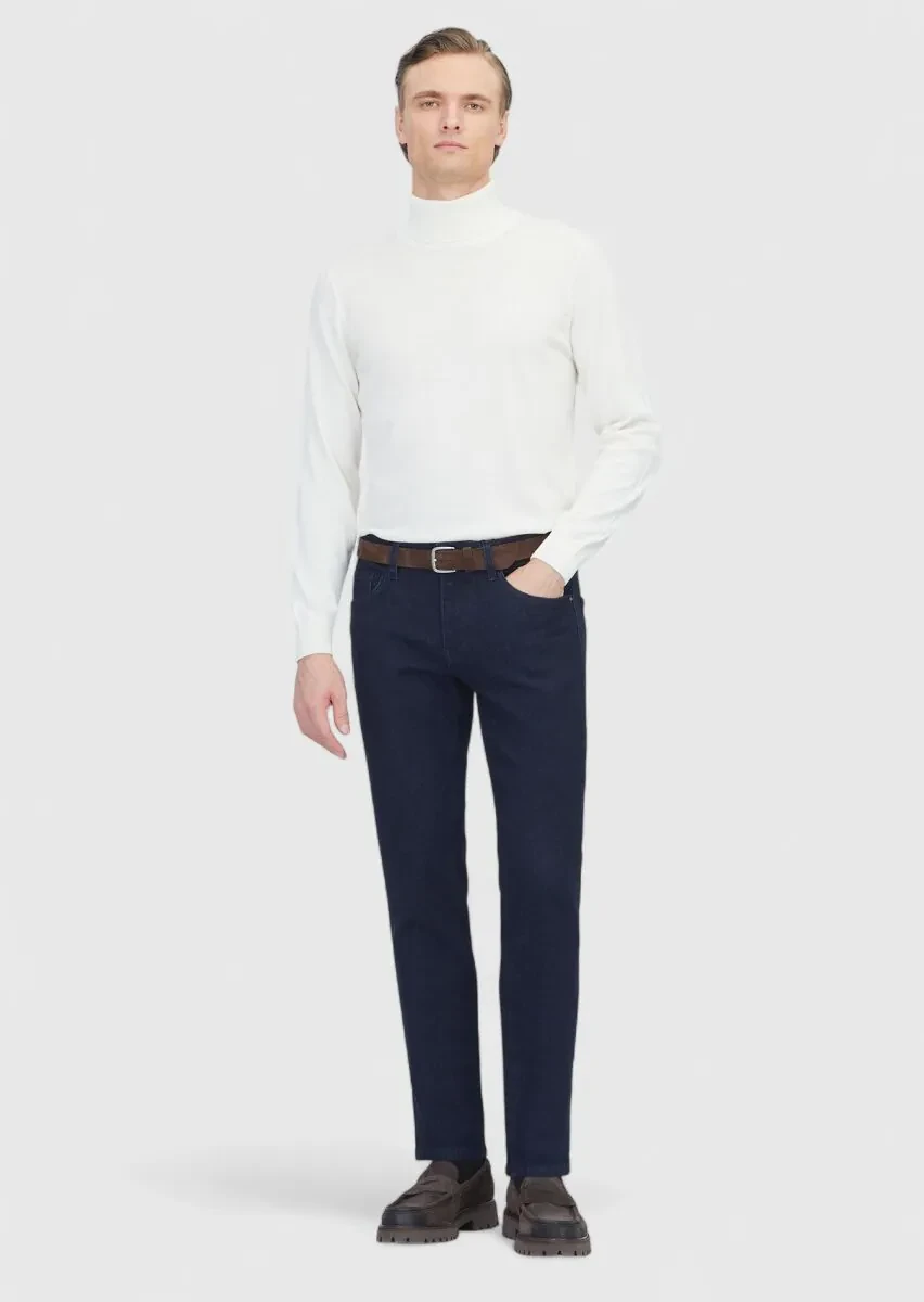 Lacivert Düz Slim Fit Denim Pamuk Karışımlı Pantolon - 1