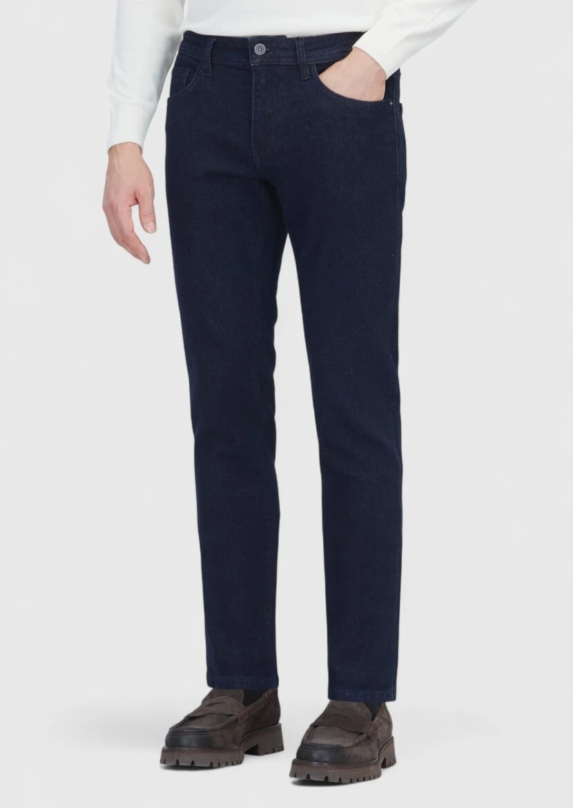 Lacivert Düz Slim Fit Denim Pamuk Karışımlı Pantolon - 2