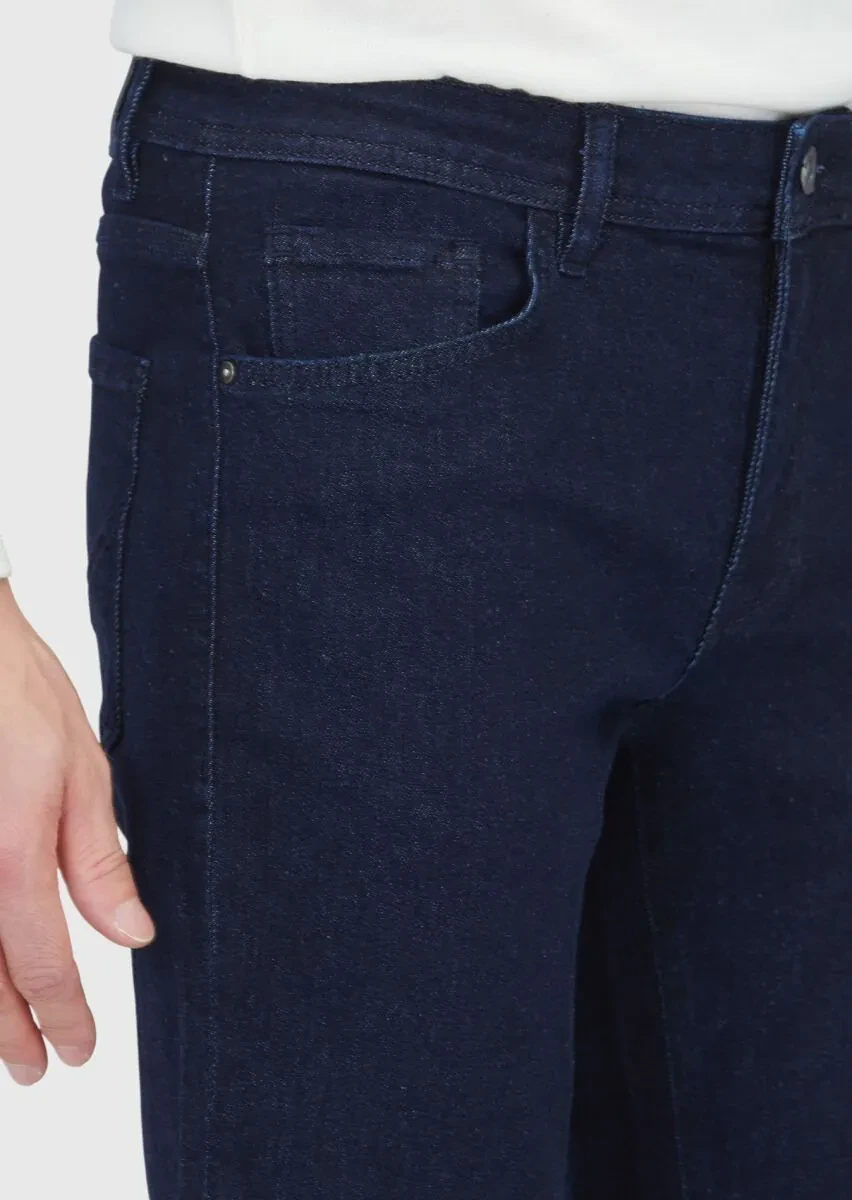 Lacivert Düz Slim Fit Denim Pamuk Karışımlı Pantolon - 3