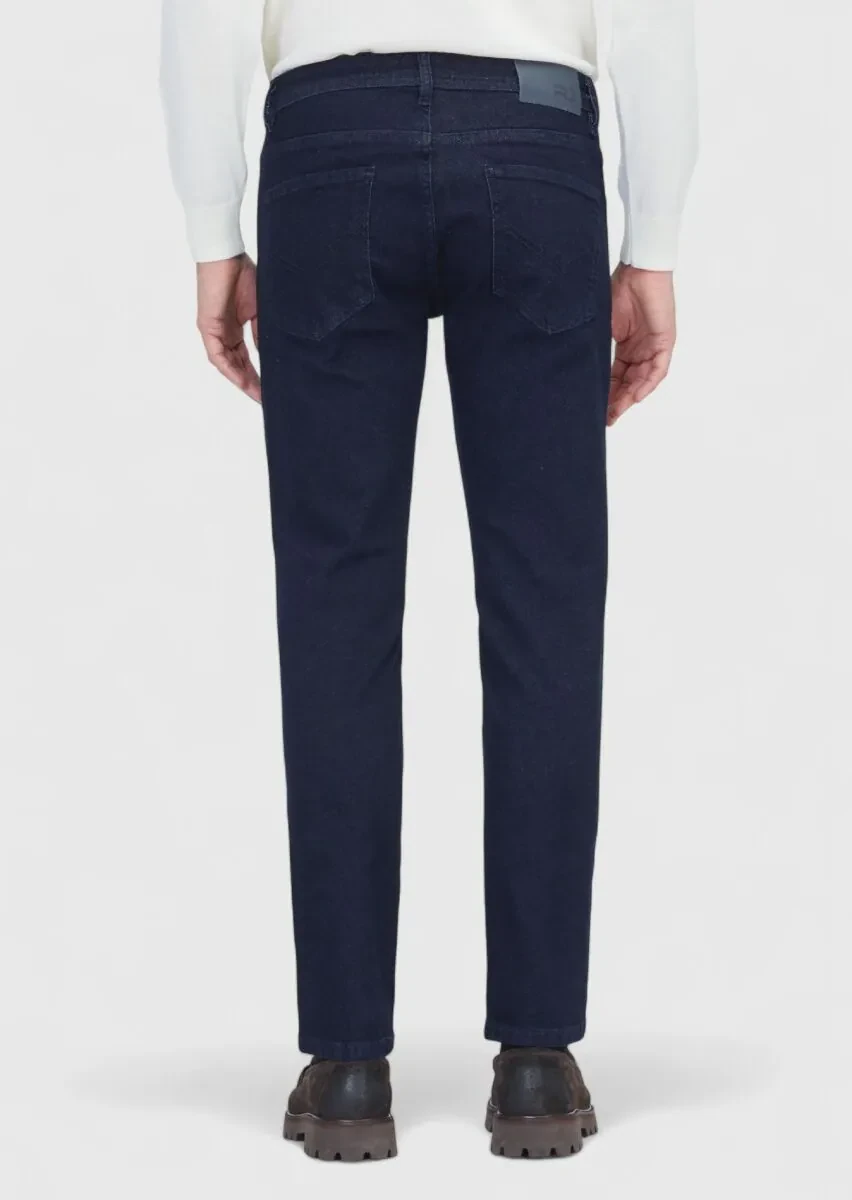 Lacivert Düz Slim Fit Denim Pamuk Karışımlı Pantolon - 5