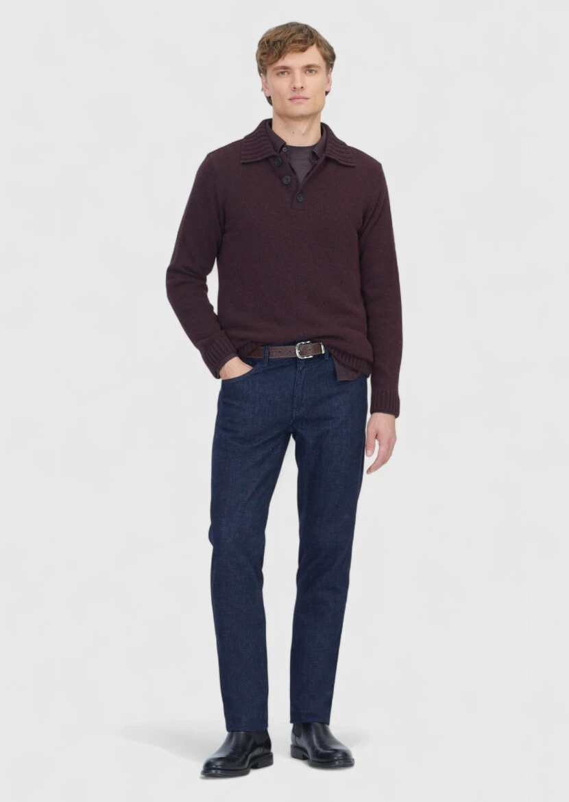 Lacivert Düz Slim Fit Denim Pamuk Karışımlı Pantolon - 1