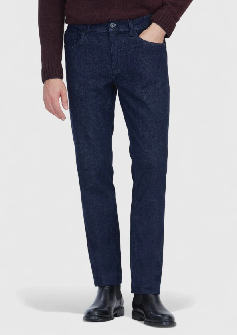 Lacivert Düz Slim Fit Denim Pamuk Karışımlı Pantolon - 2
