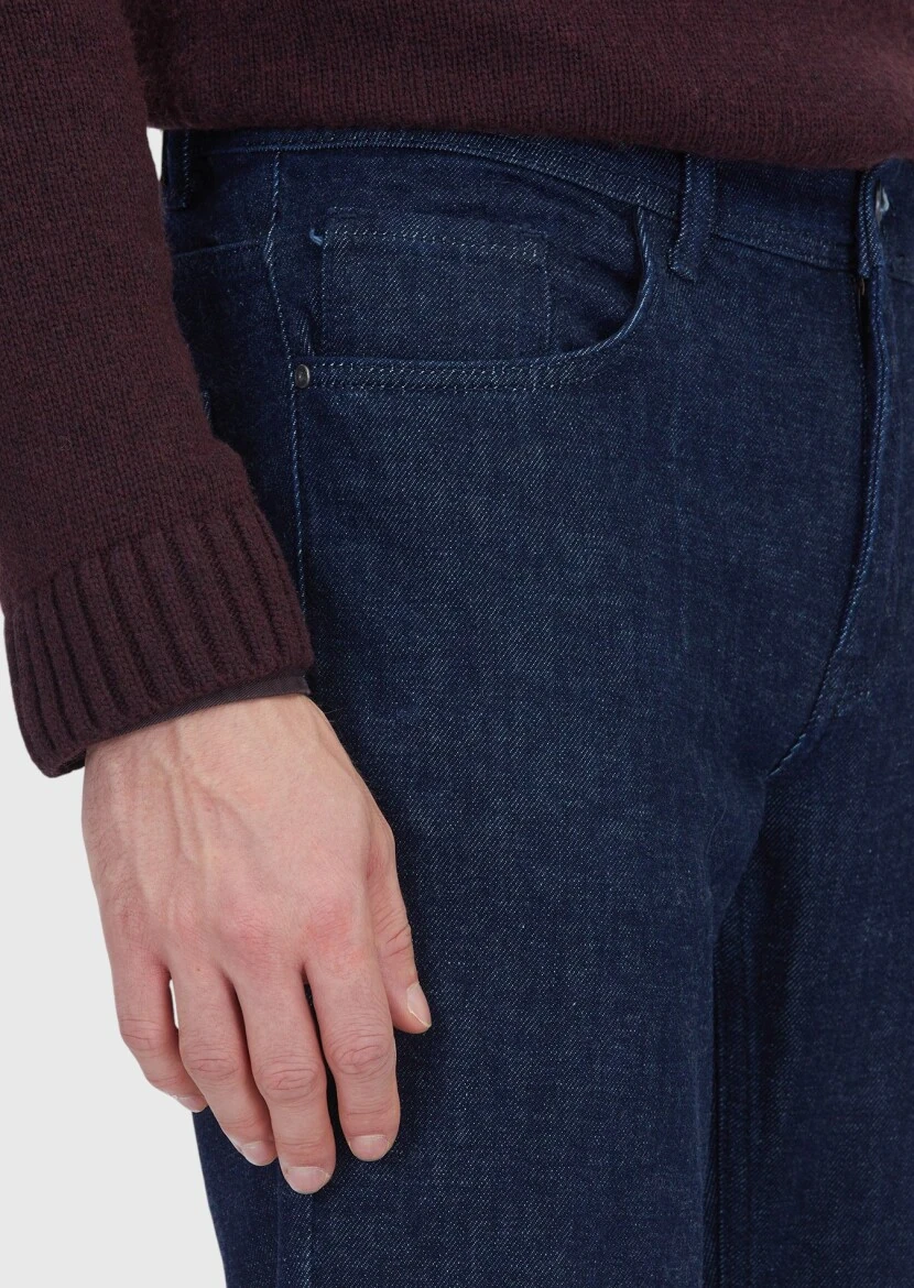 Lacivert Düz Slim Fit Denim Pamuk Karışımlı Pantolon - 3