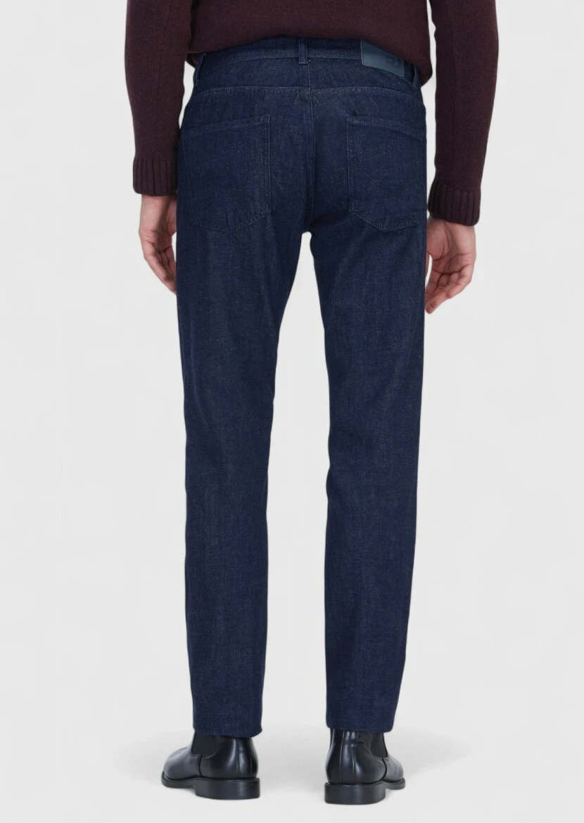 Lacivert Düz Slim Fit Denim Pamuk Karışımlı Pantolon - 5