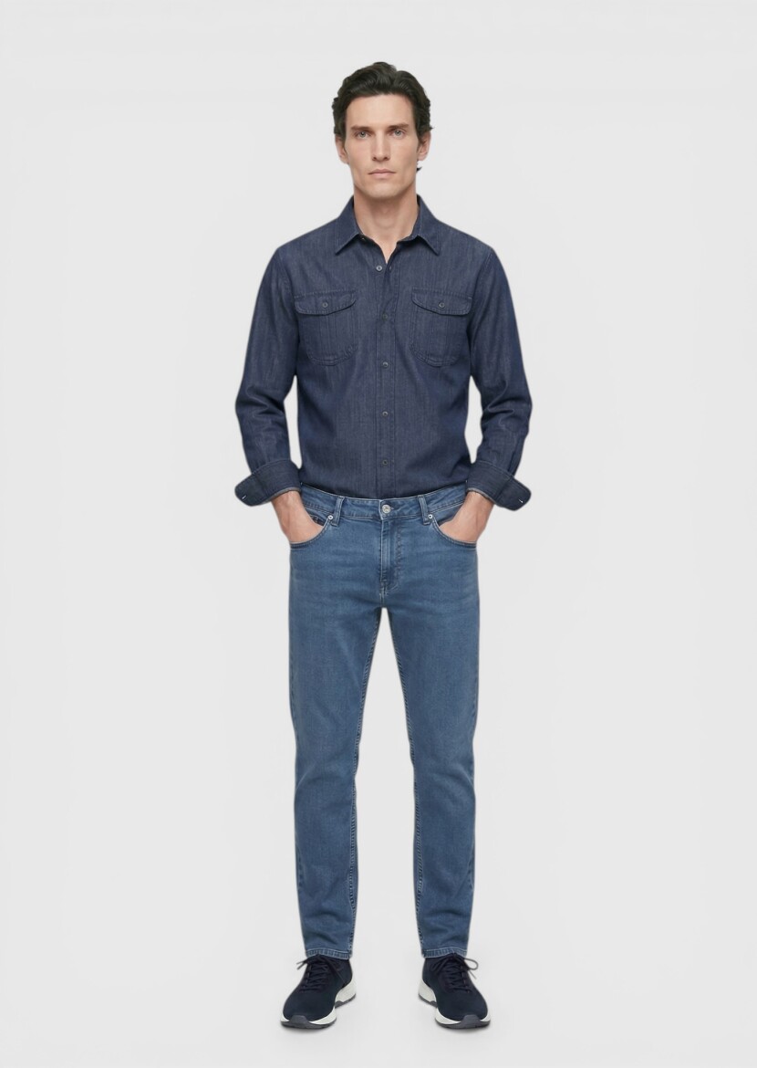 Lacivert Düz Slim Fit Denim Pamuk Karışımlı Pantolon - 3