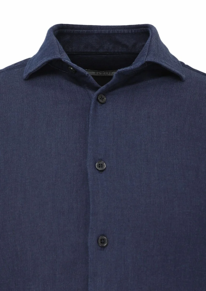 Lacivert Düz Slim Fit Dokuma Casual Pamuk Karışımlı Gömlek - 2