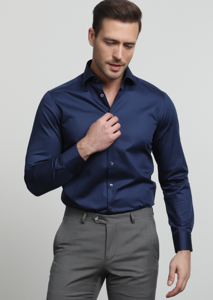 Lacivert Düz Slim Fit Dokuma Klasik %100 Pamuk Gömlek - 3
