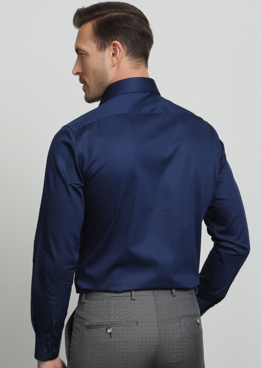 Lacivert Düz Slim Fit Dokuma Klasik %100 Pamuk Gömlek - 4