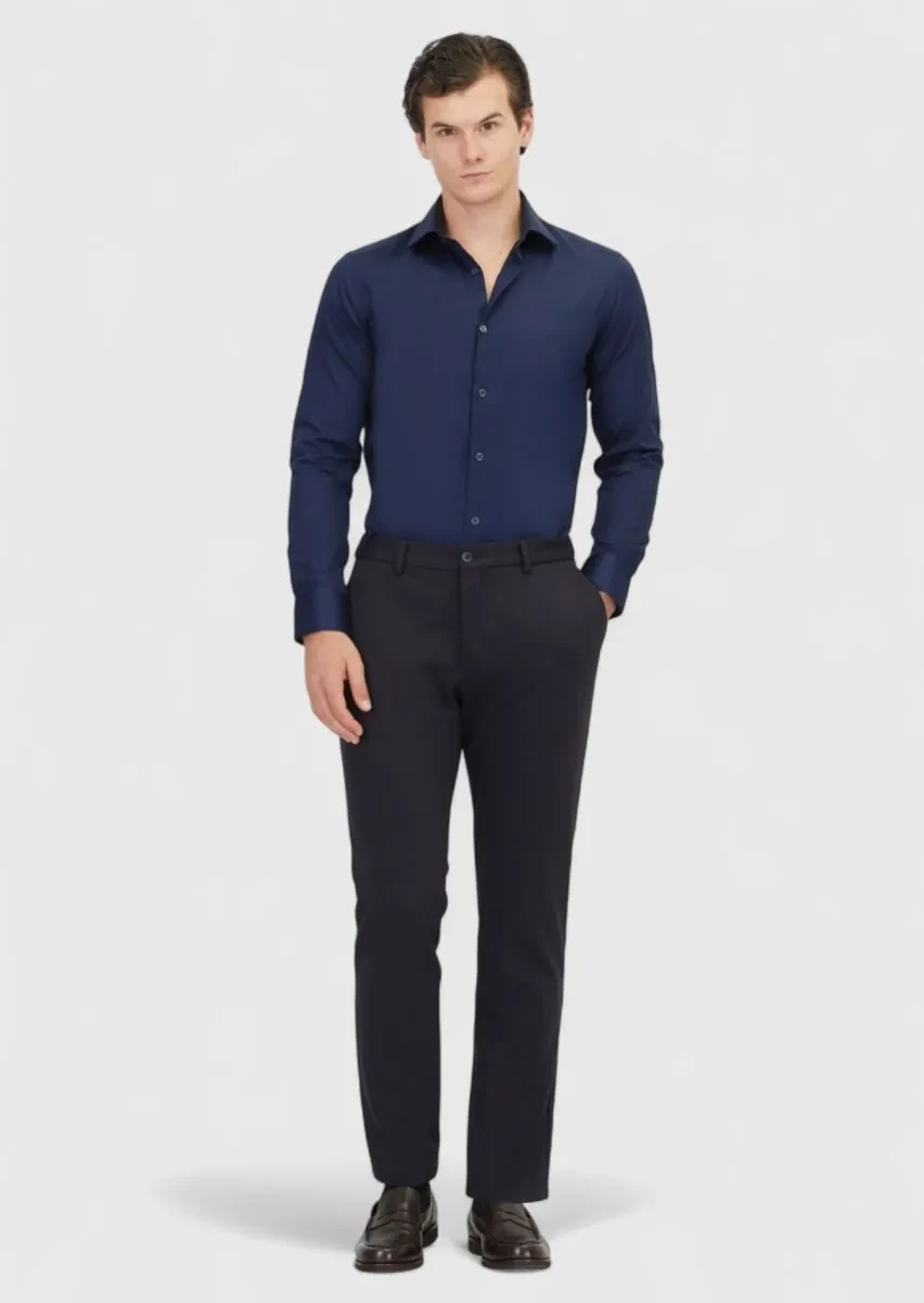 Lacivert Düz Slim Fit Dokuma Klasik %100 Pamuk Gömlek - 2