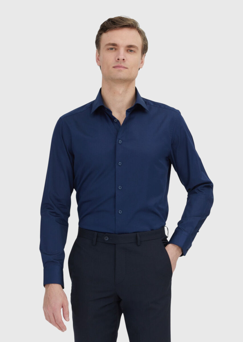 Lacivert Düz Slim Fit Dokuma Klasik %100 Pamuk Gömlek - 1