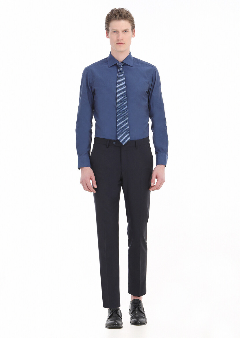 Lacivert Düz Slim Fit Dokuma Klasik Pamuk Karışımlı Gömlek - RAMSEY