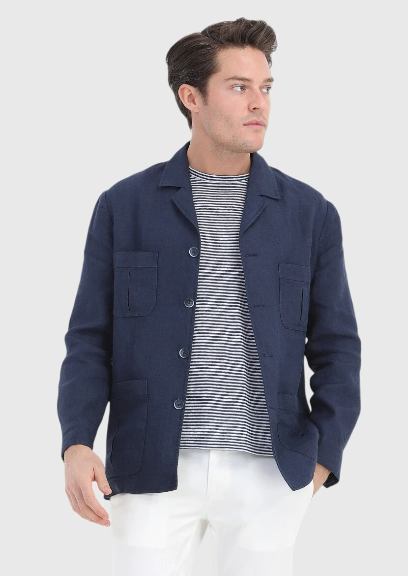 Lacivert Düz Slim Fit Pamuk Karışımlı Ceket - 3