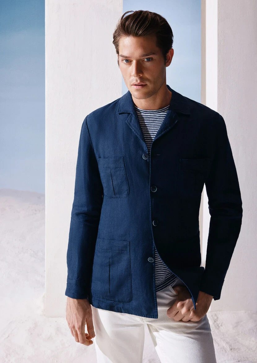 Lacivert Düz Slim Fit Pamuk Karışımlı Ceket - 4