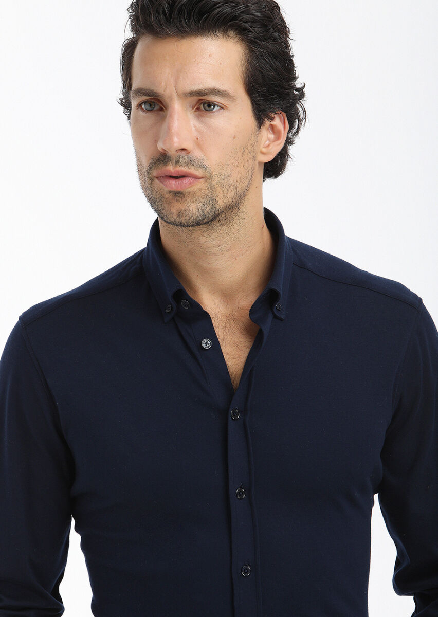Lacivert Düz Slim Fit Uzun Casual %100 Pamuk Gömlek - 2