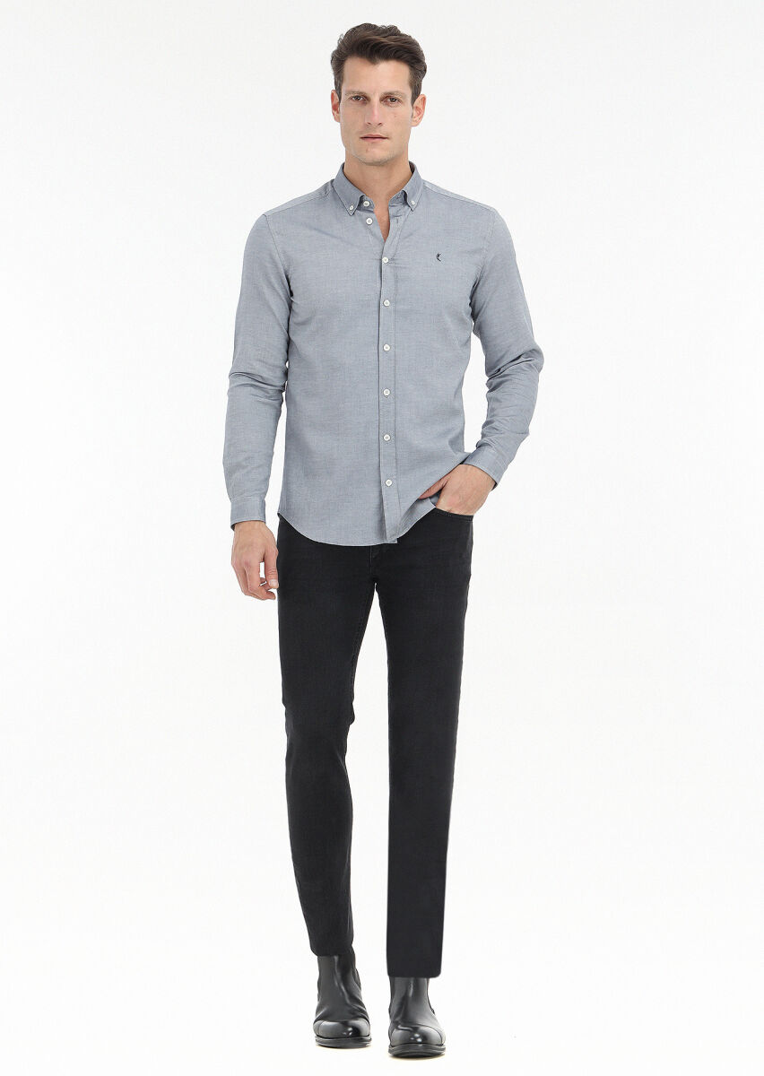 Lacivert Düz Slim Fit Uzun Dokuma Casual %100 Pamuk Gömlek - 1