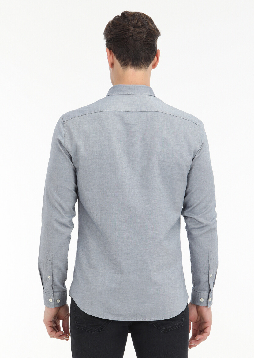 Lacivert Düz Slim Fit Uzun Dokuma Casual %100 Pamuk Gömlek - 4