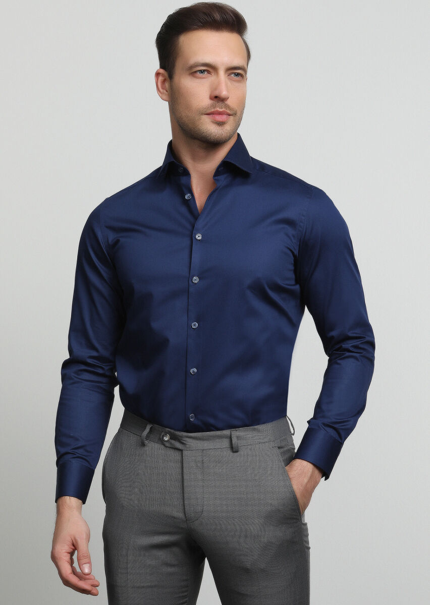 Lacivert Düz Slim Fit Uzun Dokuma Klasik %100 Pamuk Gömlek - 1