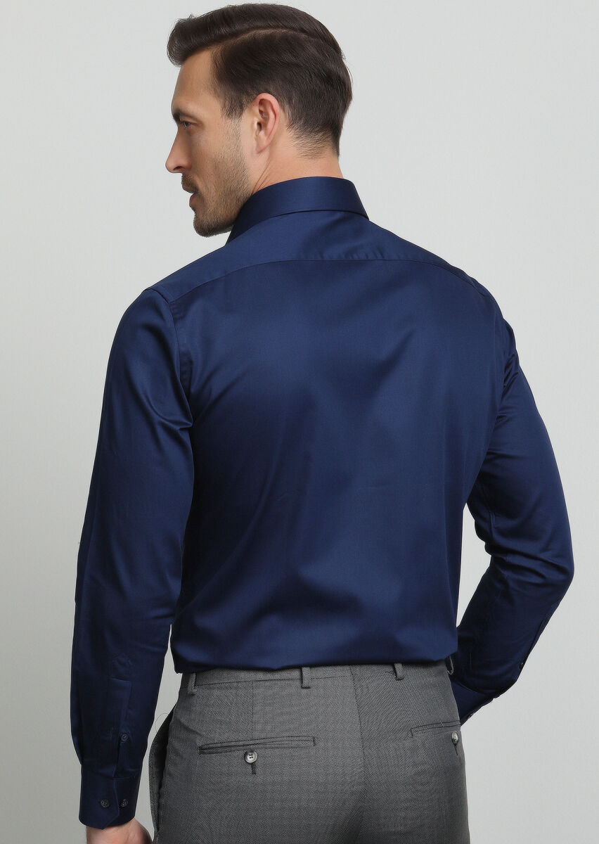 Lacivert Düz Slim Fit Uzun Dokuma Klasik %100 Pamuk Gömlek - 4