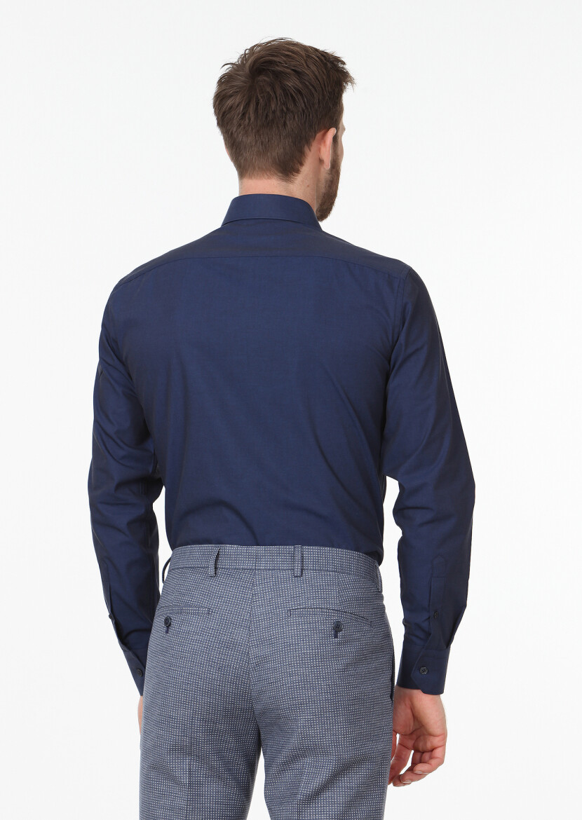 Lacivert Düz Slim Fit Uzun Dokuma Klasik Pamuk Karışımlı Gömlek - 4
