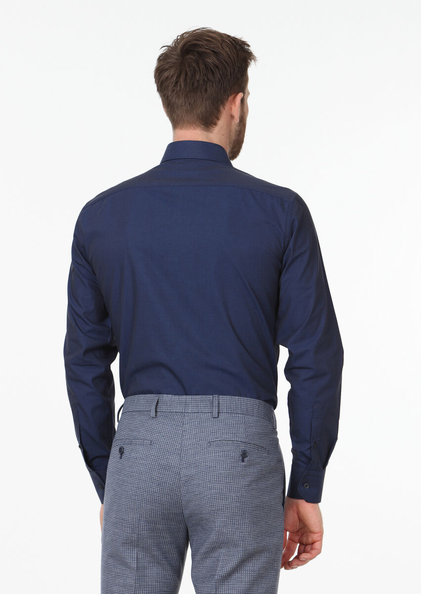 Lacivert Düz Slim Fit Uzun Dokuma Klasik Pamuk Karışımlı Gömlek - 4